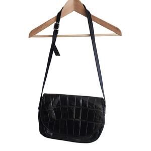 ABRO Black Leather Alligator Embossed Large Crossbody Handbag Purse